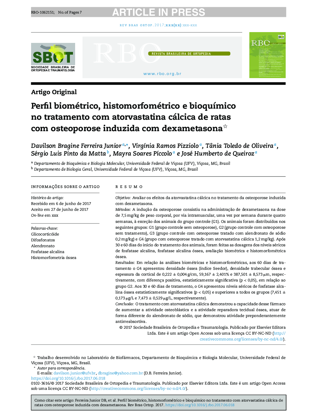 Perfil biométrico, histomorfométrico e bioquÃ­mico no tratamento com atorvastatina cálcica de ratas com osteoporose induzida com dexametasona