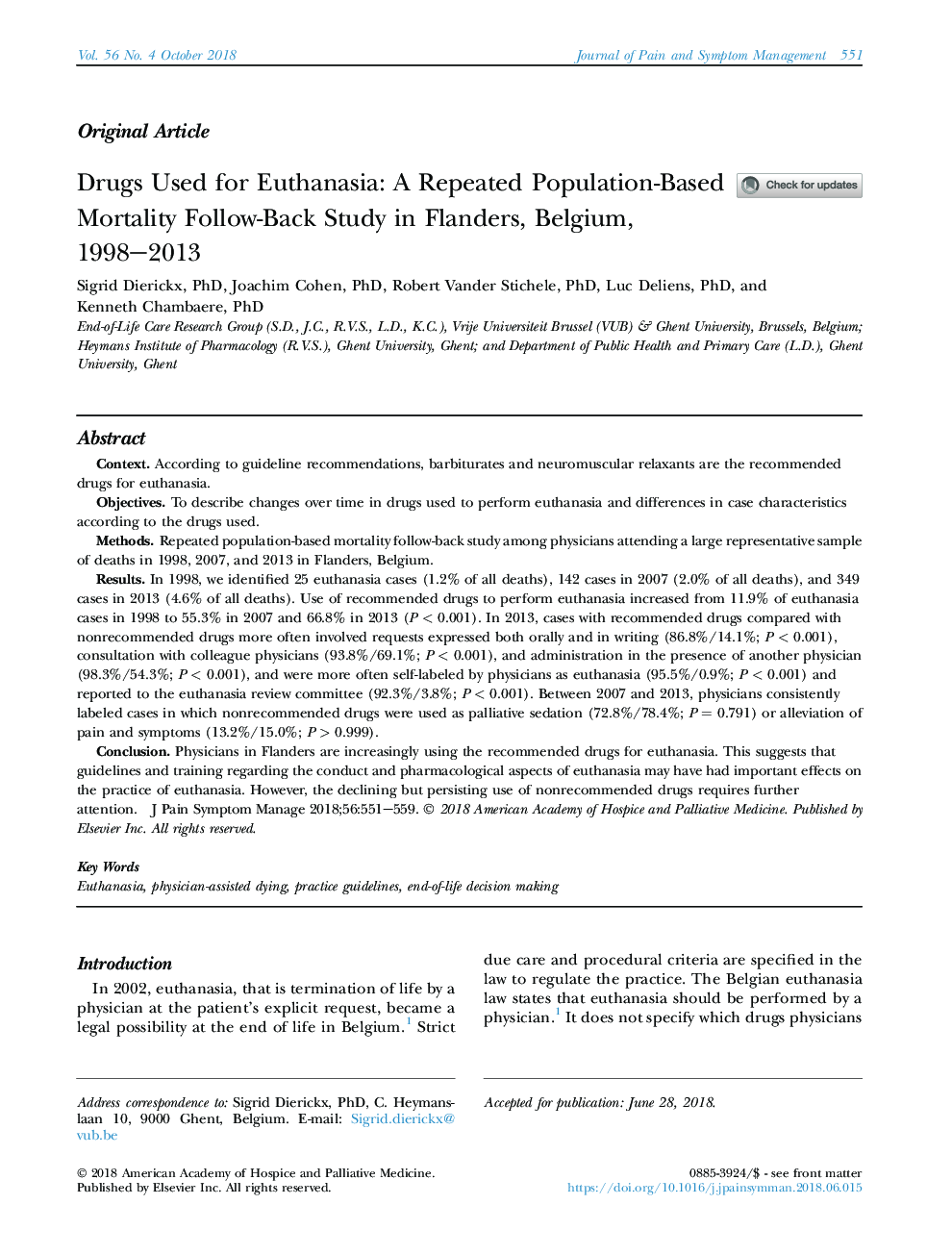 مواد مخدر مورد استفاده برای ائاتنازیا: مطالعات پیشگیری از مرگ و میر مبتنی بر جمعیت مکرر در فلاندرز، بلژیک، 1998-2013