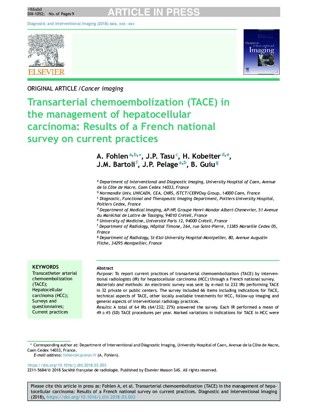 Transarterial chemoembolization (TACE) in the management of hepatocellular carcinoma: Results of a French national survey on current practices
