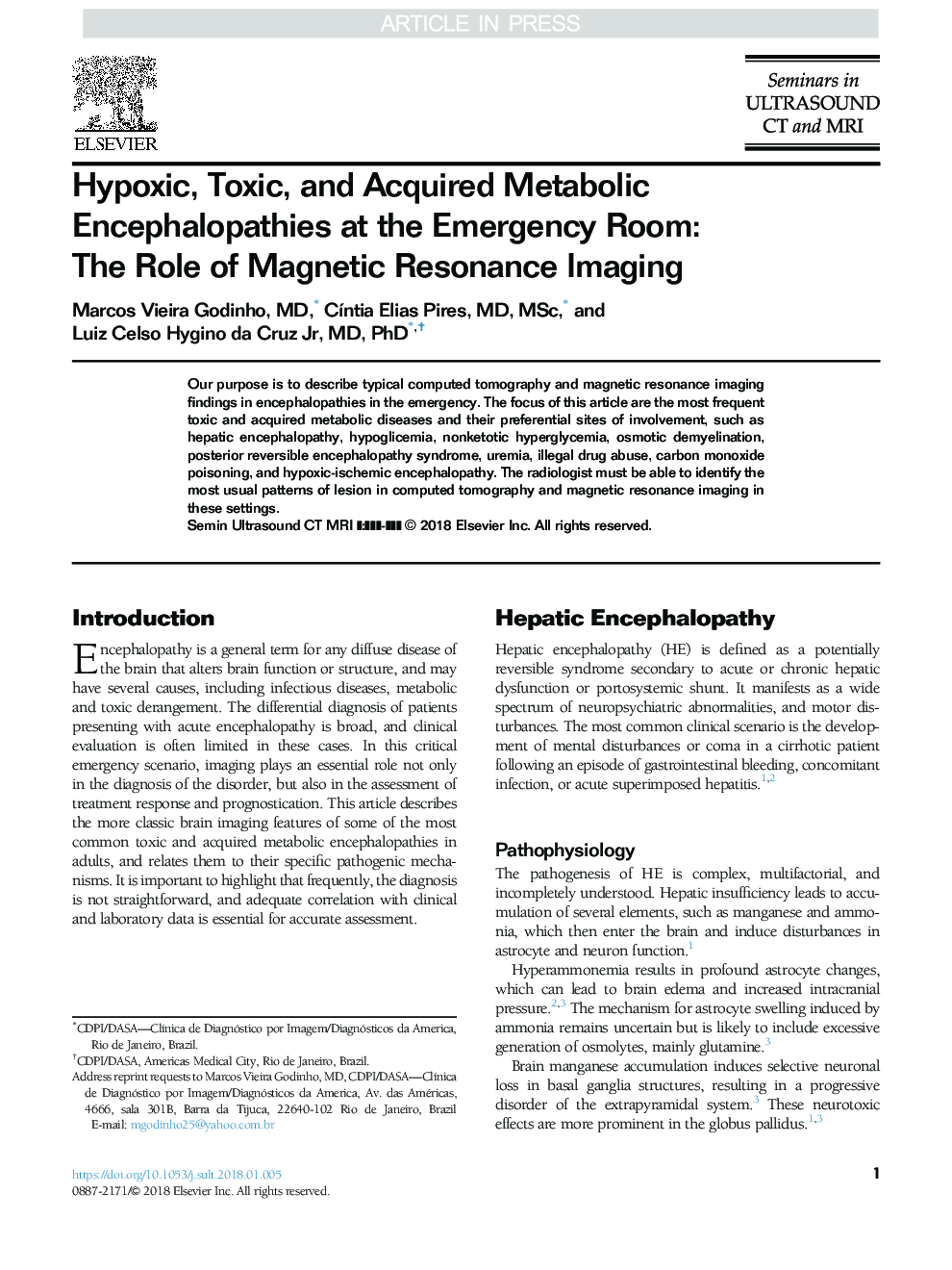 هیپوکسیک، سمی و انسفالوپاتی متابولیک به دست آمده در اتاق اورژانس: نقش تصویربرداری رزونانس مغناطیسی