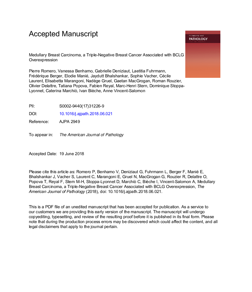 Medullary Breast Carcinoma, a Triple-Negative Breast Cancer Associated with BCLG Overexpression