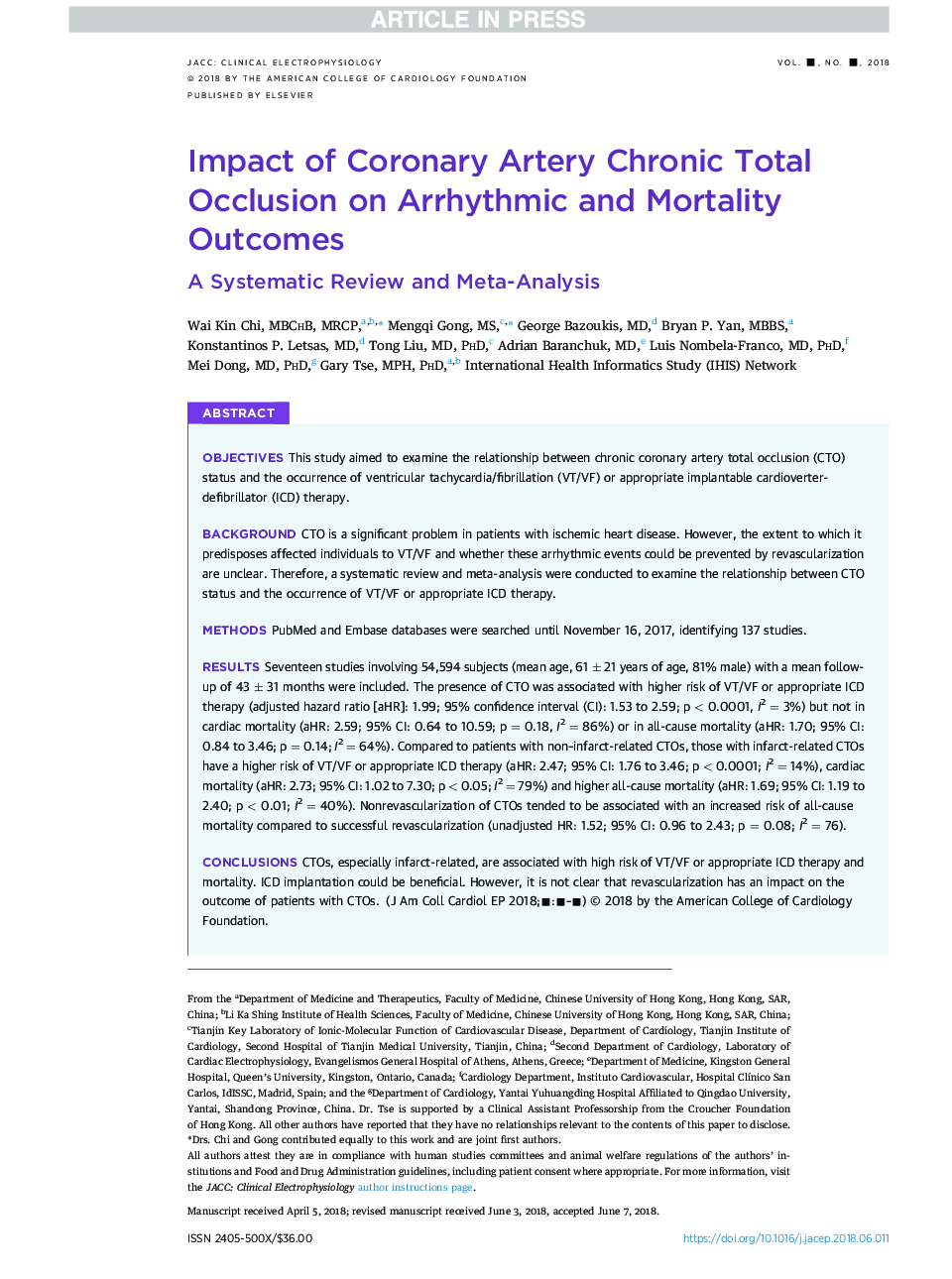 Impact of Coronary Artery Chronic TotalÂ Occlusion on Arrhythmic and Mortality Outcomes