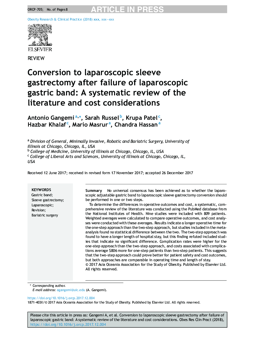 Conversion to laparoscopic sleeve gastrectomy after failure of laparoscopic gastric band: A systematic review of the literature and cost considerations