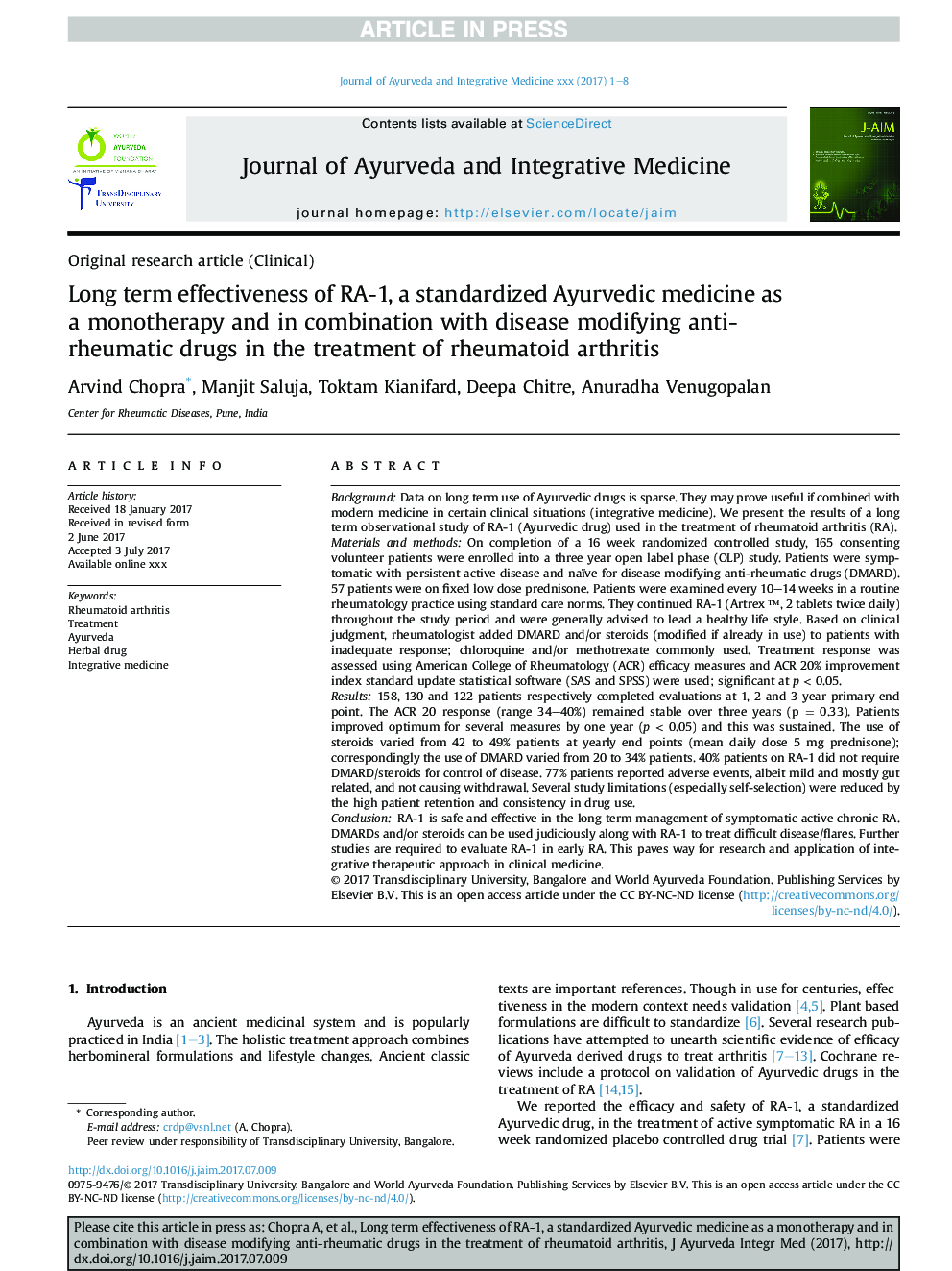 Long term effectiveness of RA-1 as a monotherapy and in combination with disease modifying anti-rheumatic drugs in the treatment of rheumatoid arthritis