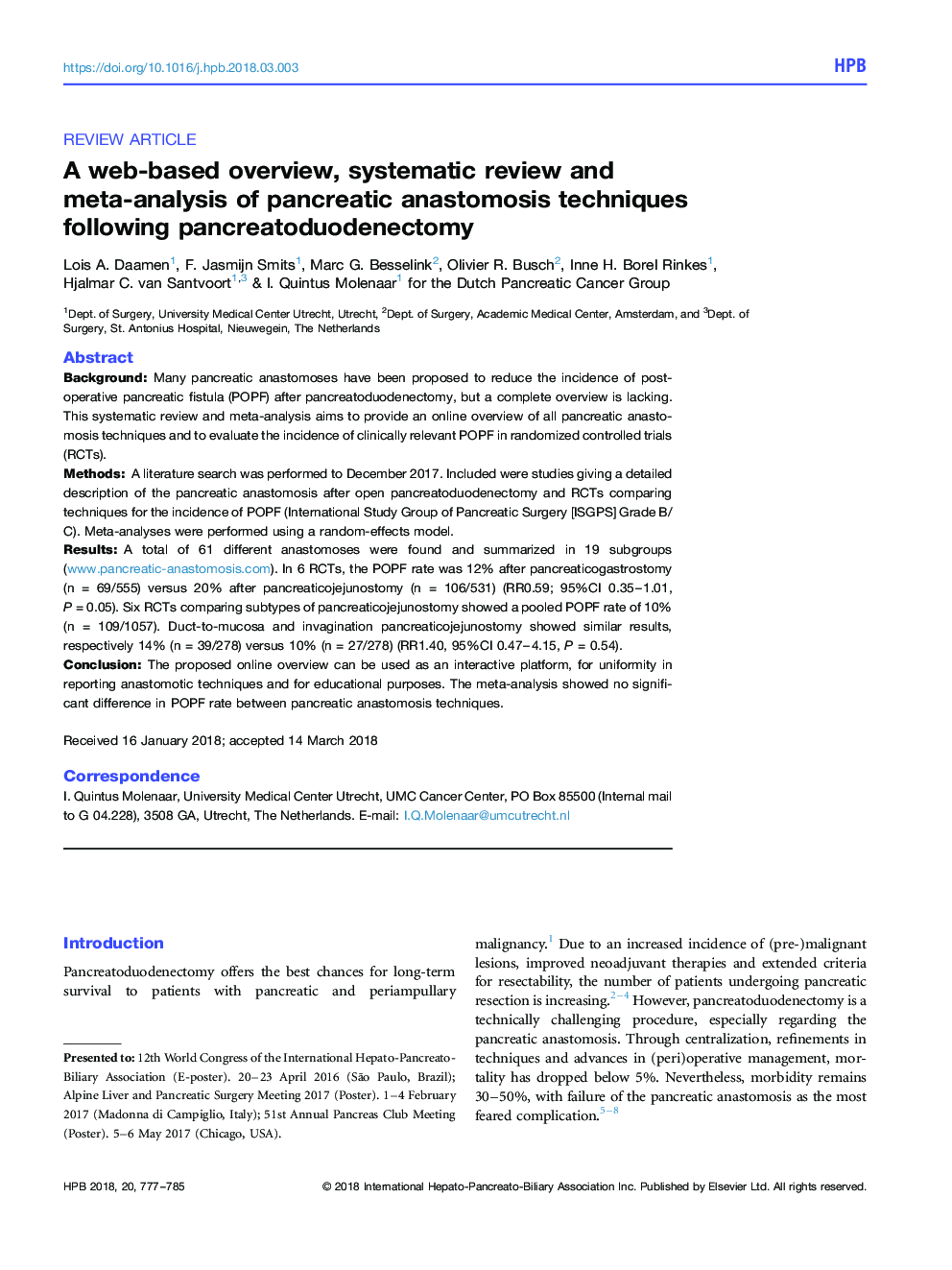 A web-based overview, systematic review and meta-analysis of pancreatic anastomosis techniques following pancreatoduodenectomy