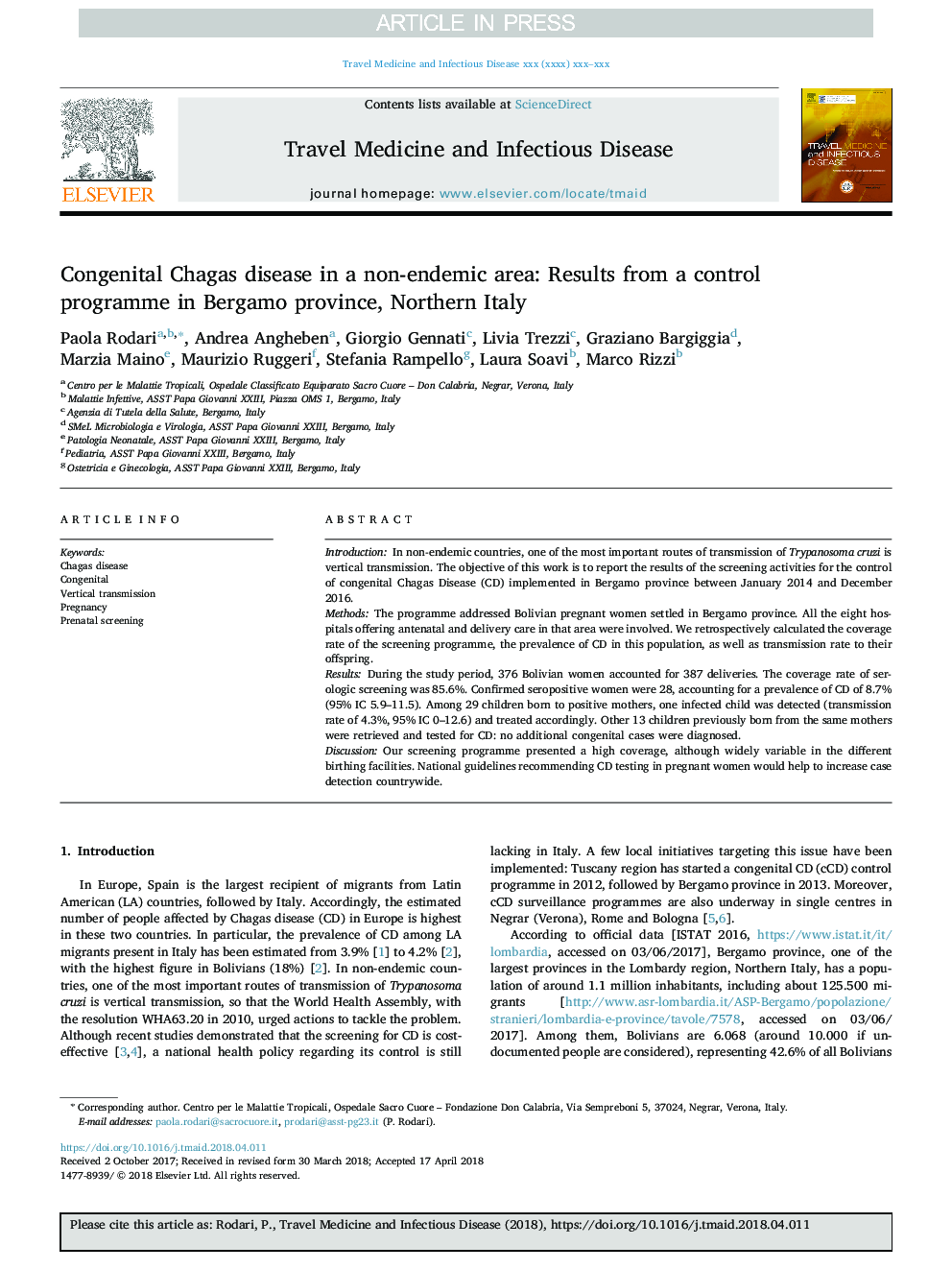 Congenital Chagas disease in a non-endemic area: Results from a control programme in Bergamo province, Northern Italy