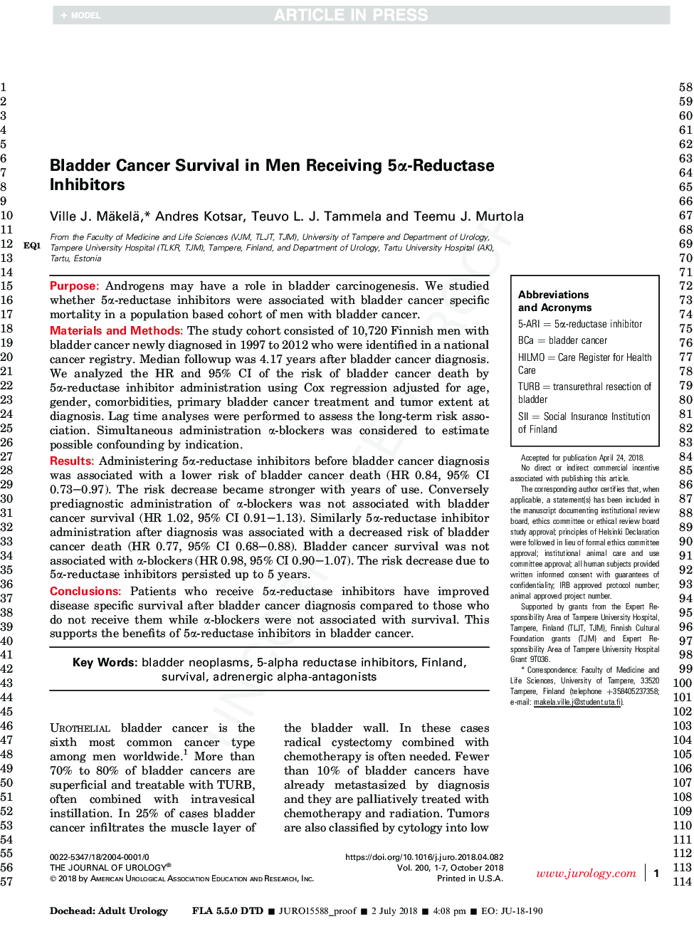 Bladder Cancer Survival of Men Receiving 5Î±-Reductase Inhibitors