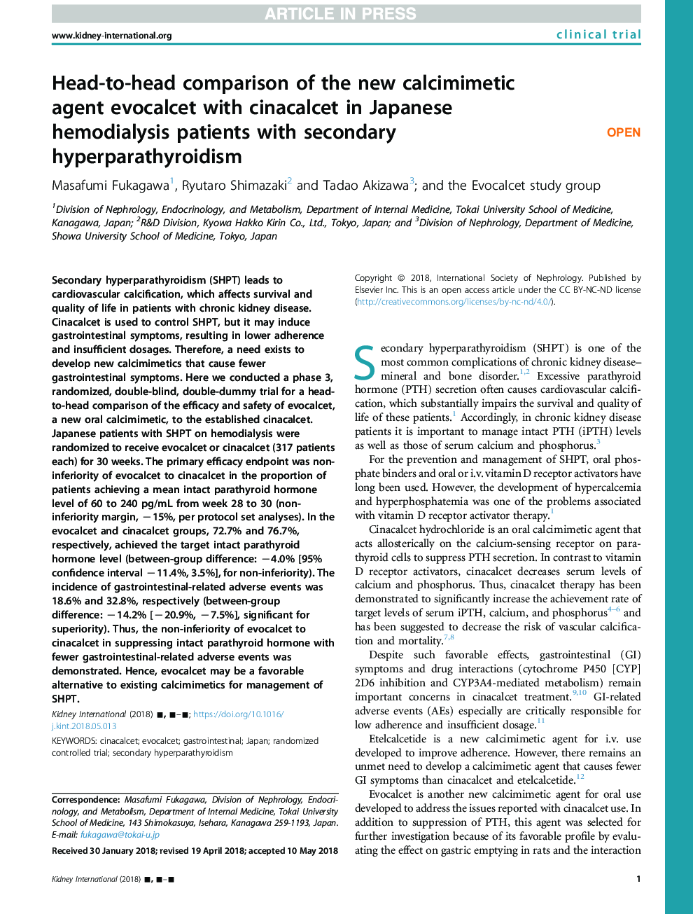Head-to-head comparison of the new calcimimetic agent evocalcet with cinacalcet in Japanese hemodialysis patients with secondary hyperparathyroidism
