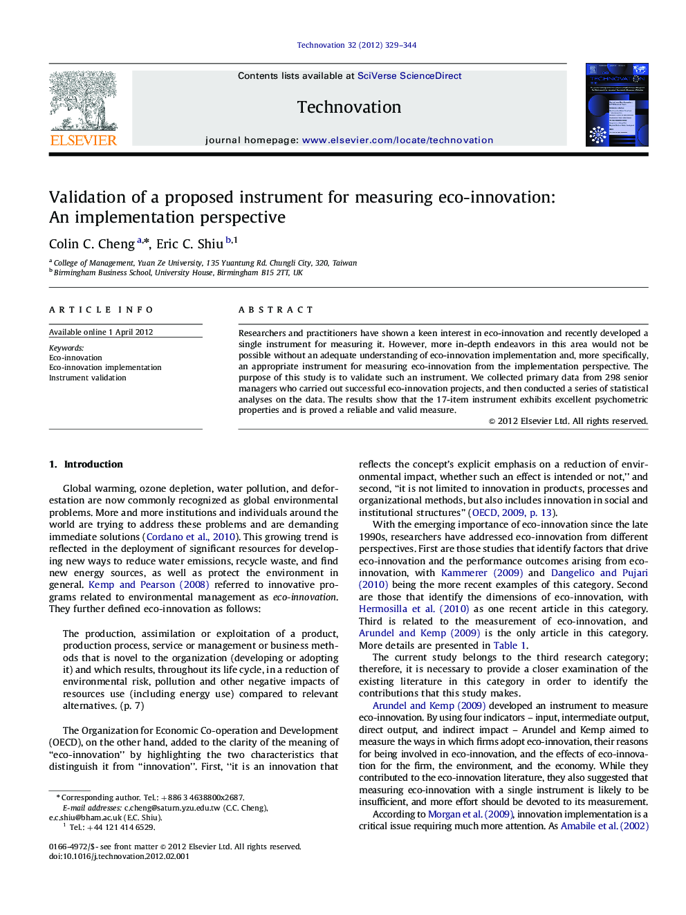Validation of a proposed instrument for measuring eco-innovation: An implementation perspective