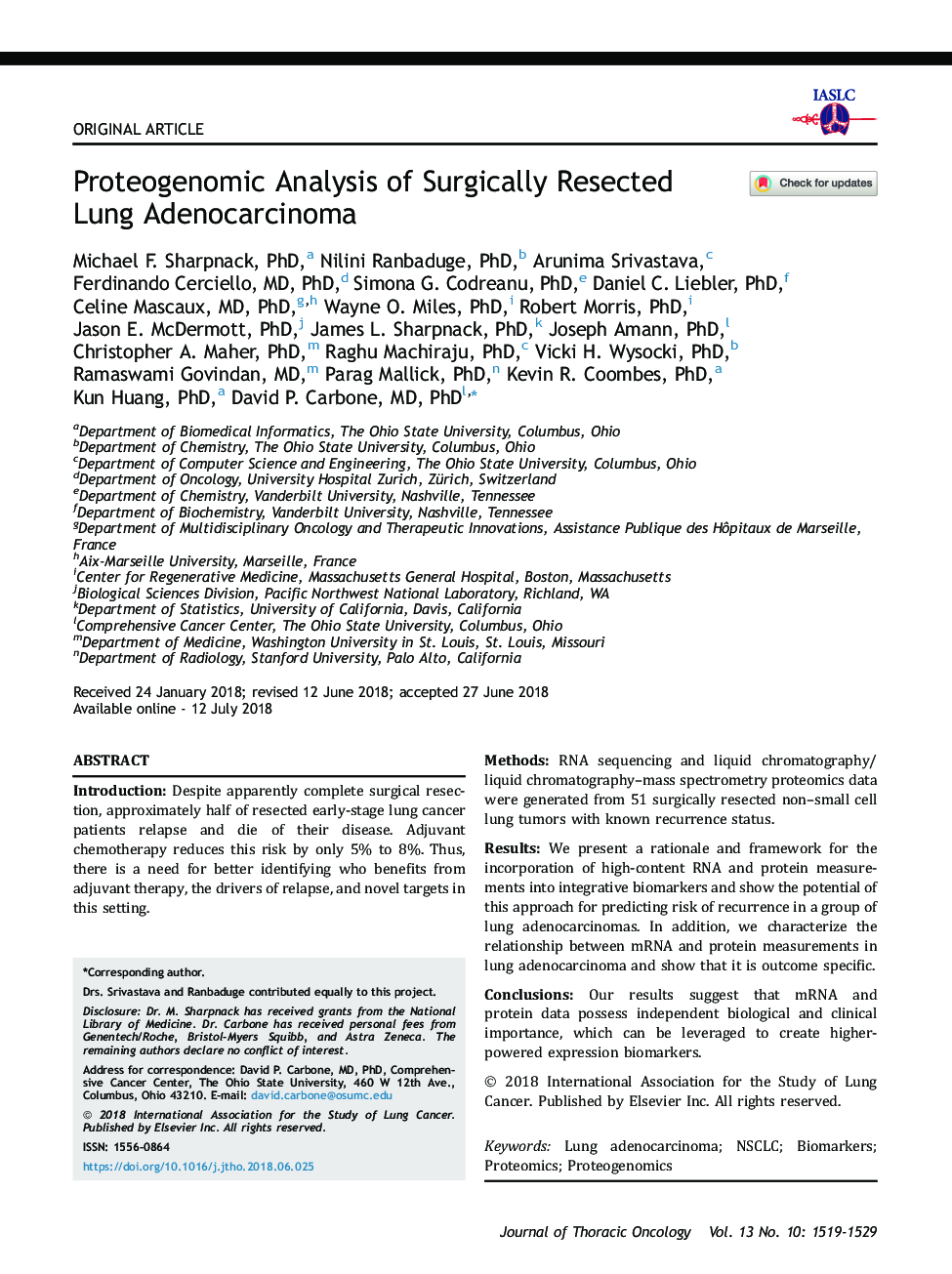 Proteogenomic Analysis of Surgically Resected Lung Adenocarcinoma