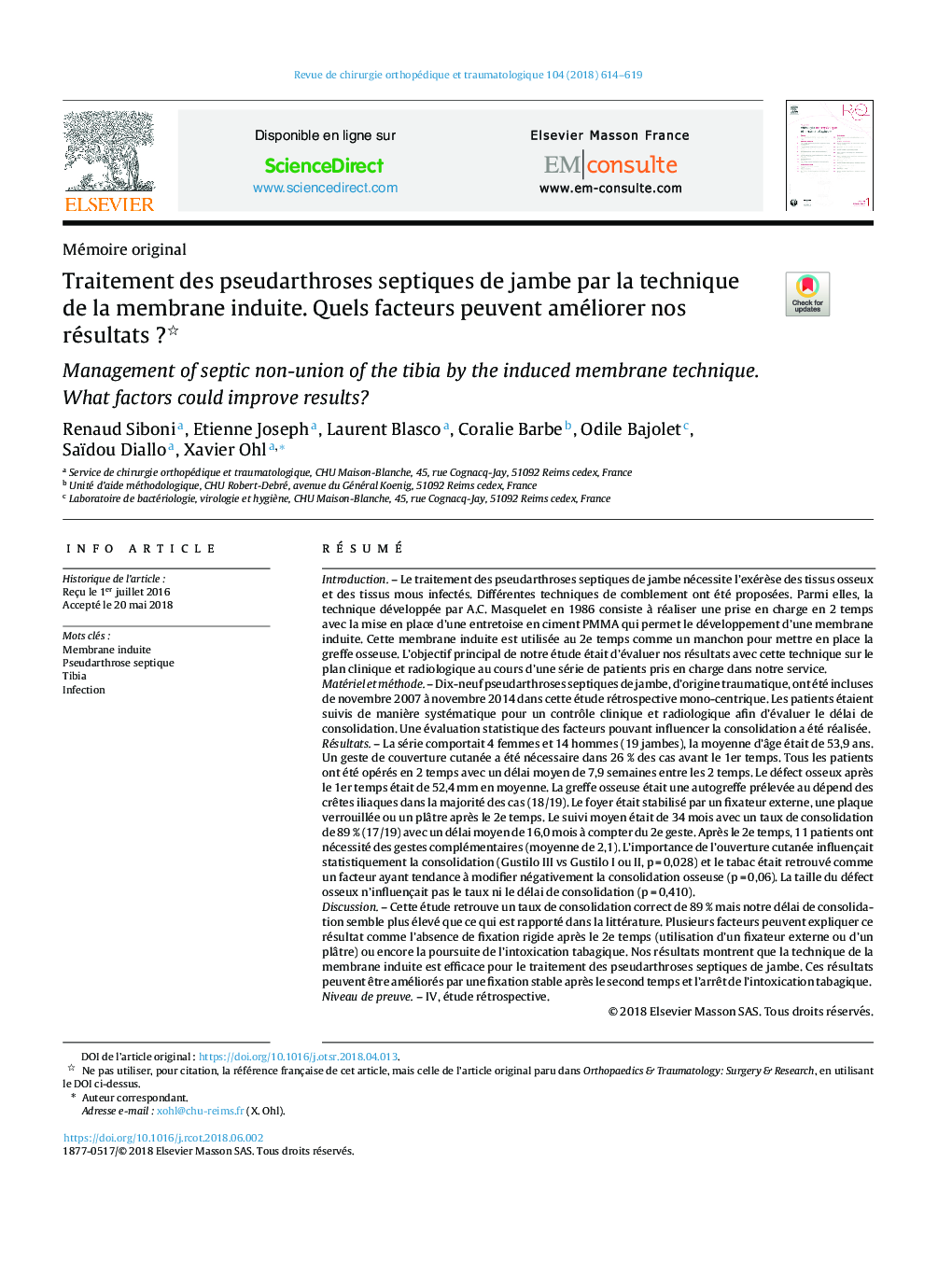 Traitement des pseudarthroses septiques de jambe par la technique de la membrane induite. Quels facteurs peuvent améliorer nos résultatsÂ ?