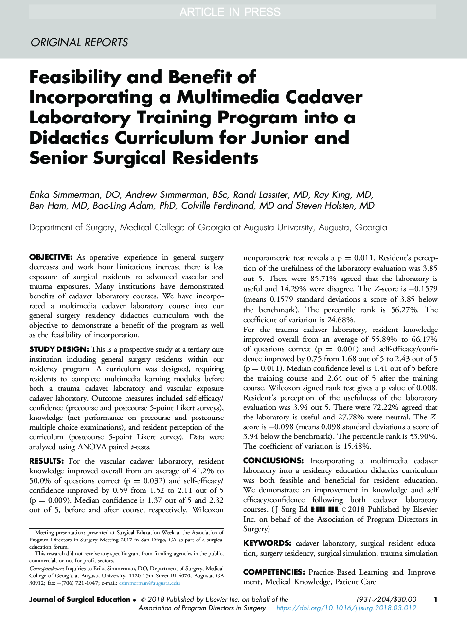 Feasibility and Benefit of Incorporating a Multimedia Cadaver Laboratory Training Program into a Didactics Curriculum for Junior and Senior Surgical Residents