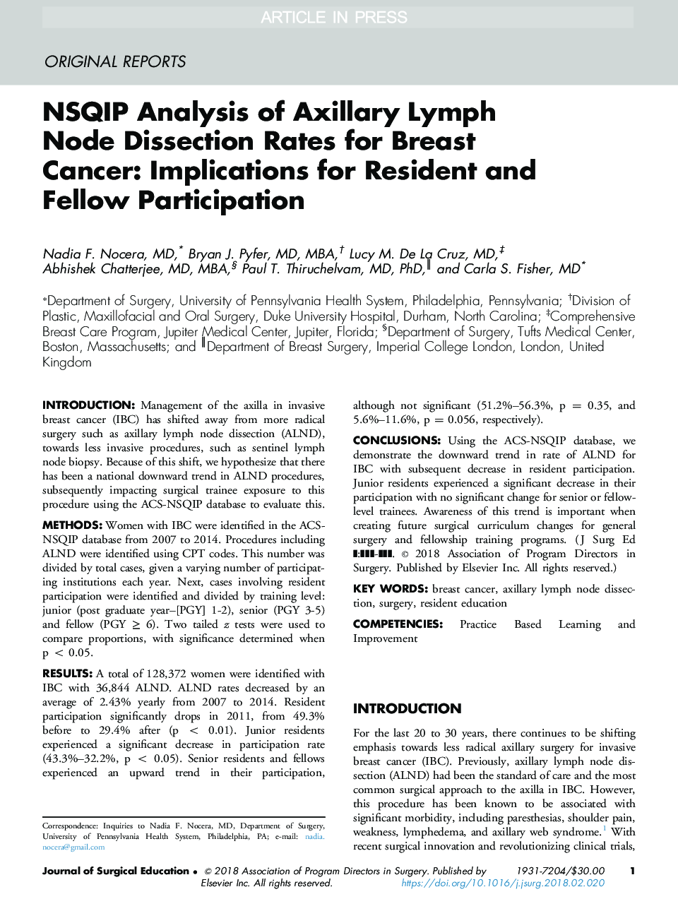 NSQIP Analysis of Axillary Lymph Node Dissection Rates for Breast Cancer: Implications for Resident and Fellow Participation