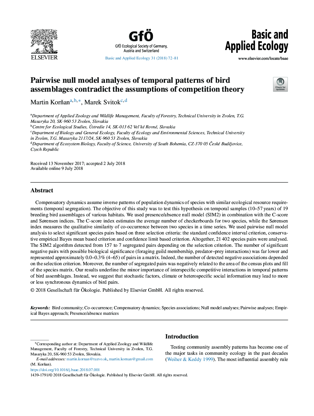 Pairwise null model analyses of temporal patterns of bird assemblages contradict the assumptions of competition theory