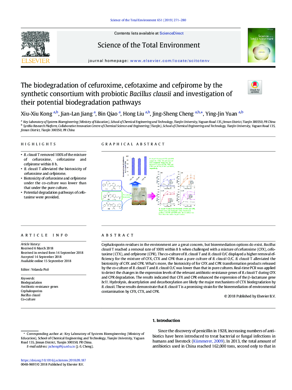 The biodegradation of cefuroxime, cefotaxime and cefpirome by the synthetic consortium with probiotic Bacillus clausii and investigation of their potential biodegradation pathways
