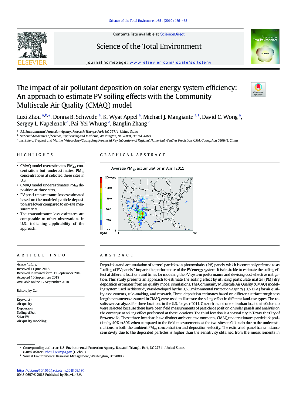 The impact of air pollutant deposition on solar energy system efficiency: An approach to estimate PV soiling effects with the Community Multiscale Air Quality (CMAQ) model