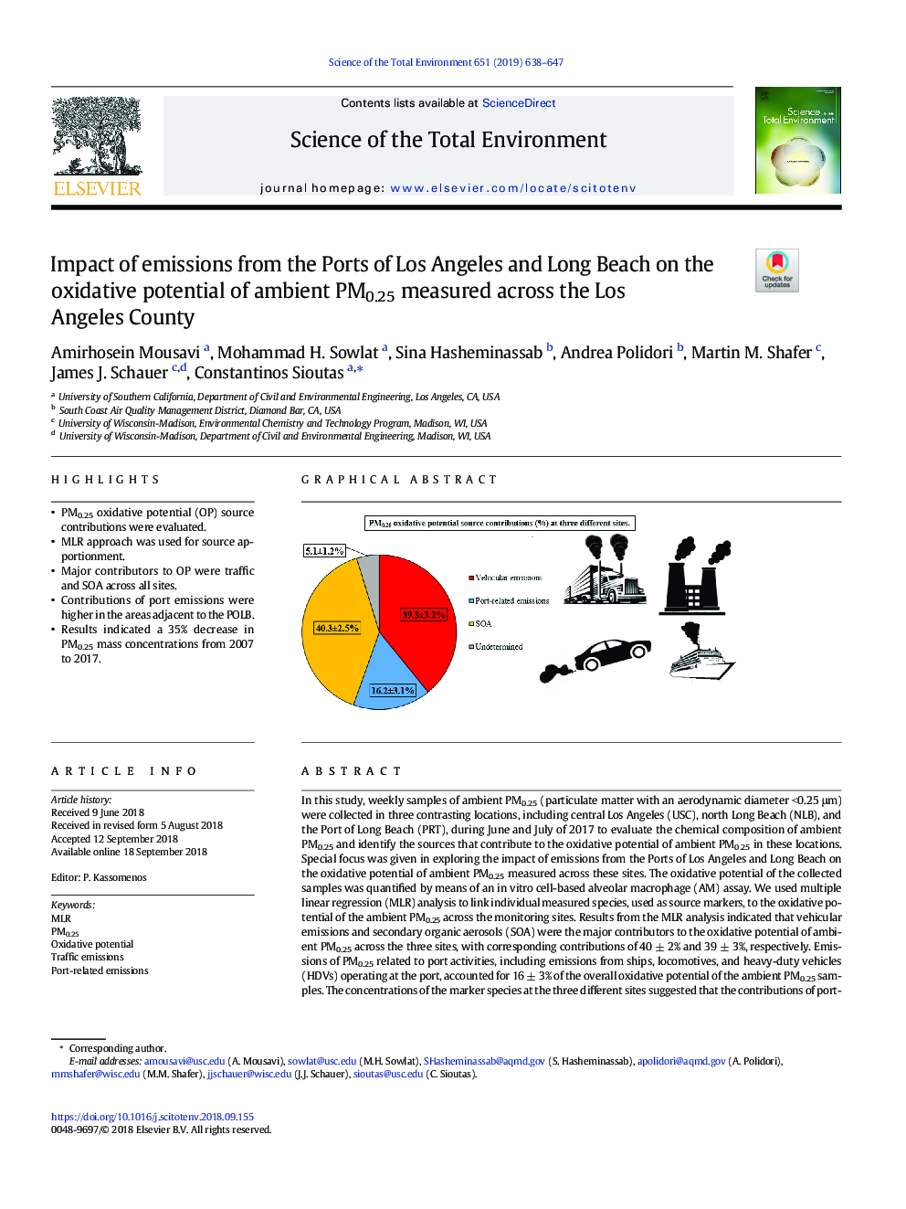 Impact of emissions from the Ports of Los Angeles and Long Beach on the oxidative potential of ambient PM0.25 measured across the Los Angeles County