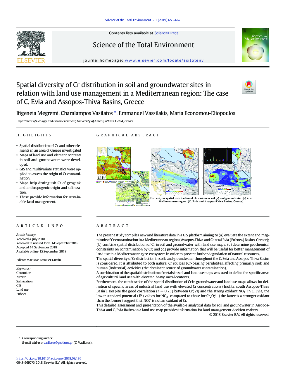 Spatial diversity of Cr distribution in soil and groundwater sites in relation with land use management in a Mediterranean region: The case of C. Evia and Assopos-Thiva Basins, Greece