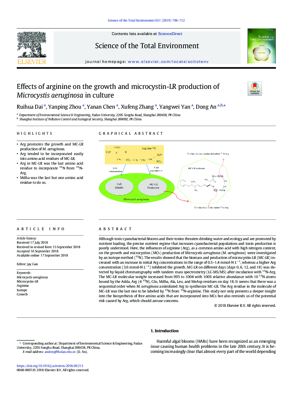 Effects of arginine on the growth and microcystin-LR production of Microcystis aeruginosa in culture