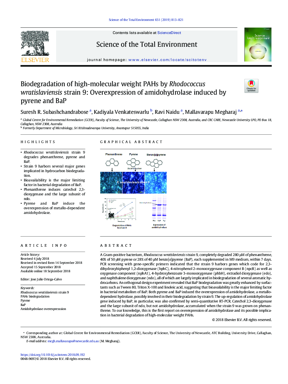 Biodegradation of high-molecular weight PAHs by Rhodococcus wratislaviensis strain 9: Overexpression of amidohydrolase induced by pyrene and BaP