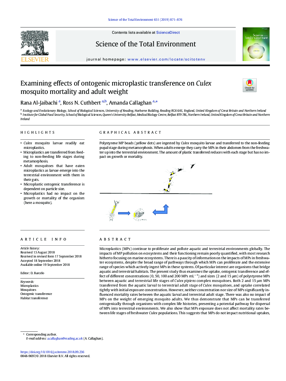 Examining effects of ontogenic microplastic transference on Culex mosquito mortality and adult weight