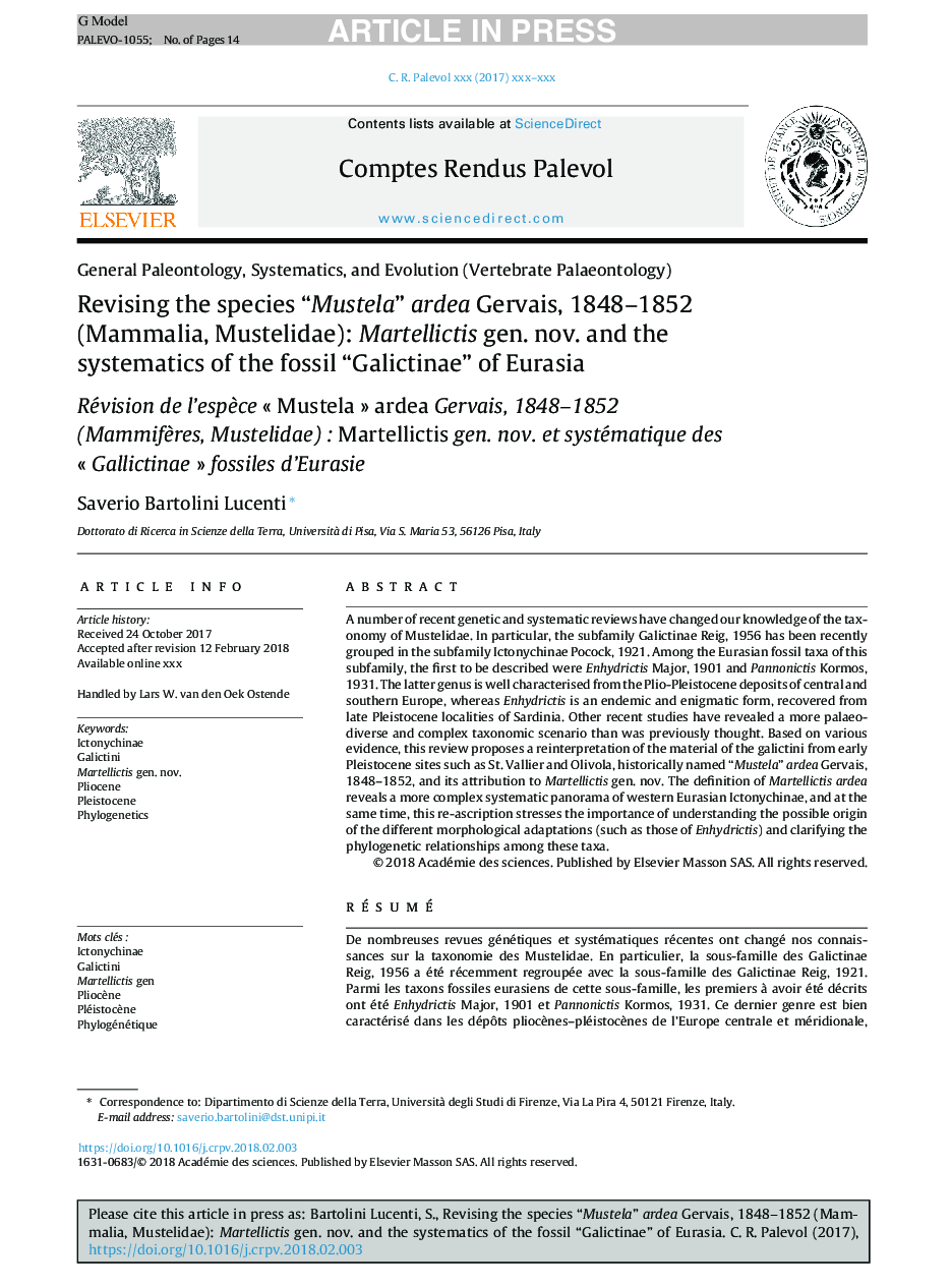 Revising the species “Mustela” ardea Gervais, 1848-1852 (Mammalia, Mustelidae): Martellictis gen. nov. and the systematics of the fossil “Galictinae” of Eurasia