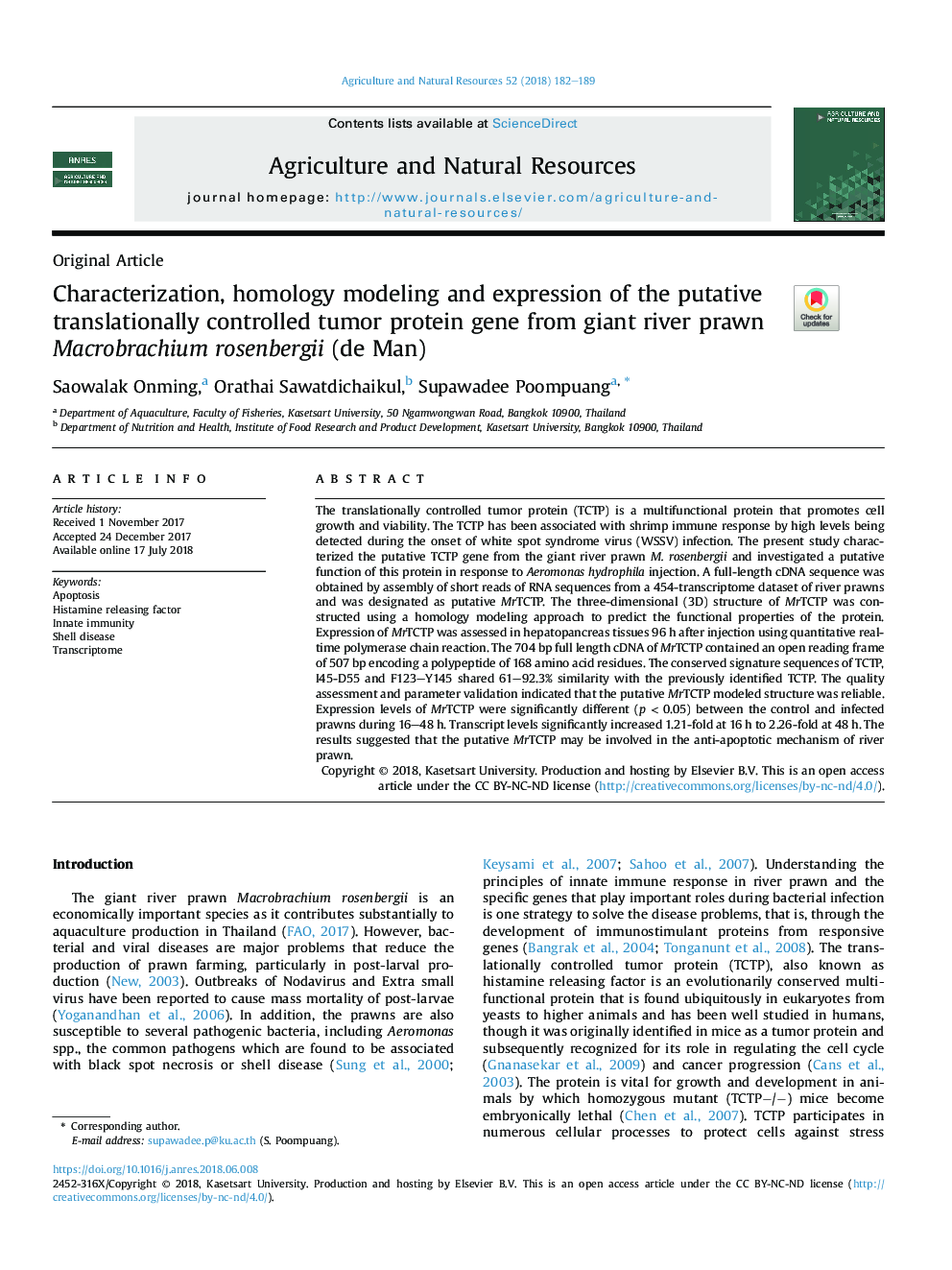 Characterization, homology modeling and expression of the putative translationally controlled tumor protein gene from giant river prawn Macrobrachium rosenbergii (de Man)