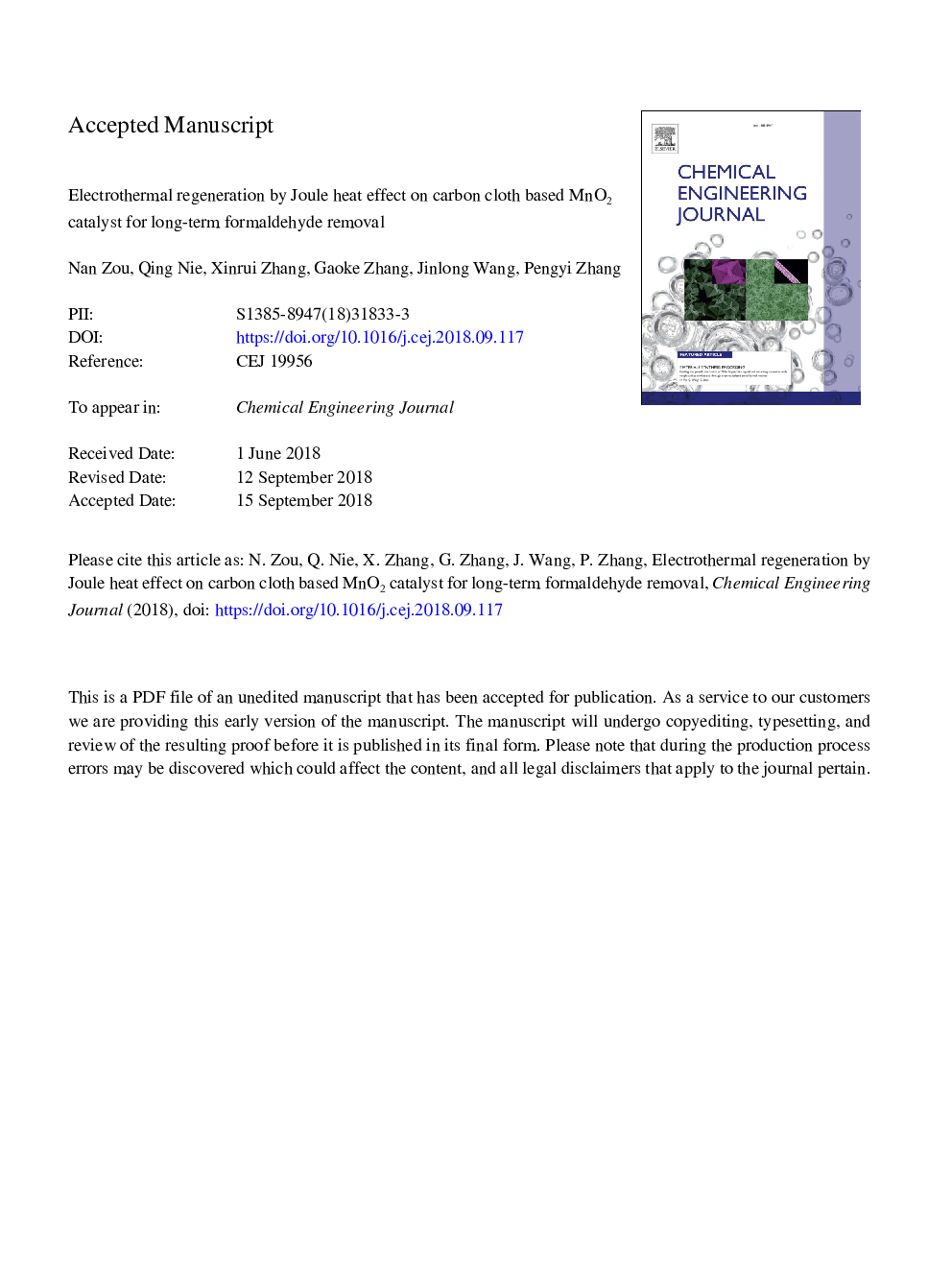 Electrothermal regeneration by Joule heat effect on carbon cloth based MnO2 catalyst for long-term formaldehyde removal