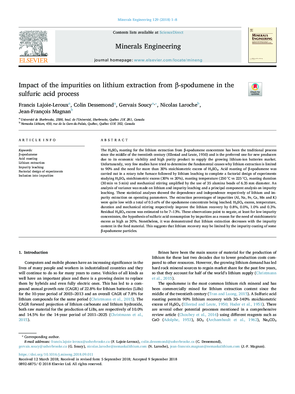 Impact of the impurities on lithium extraction from Î²-spodumene in the sulfuric acid process