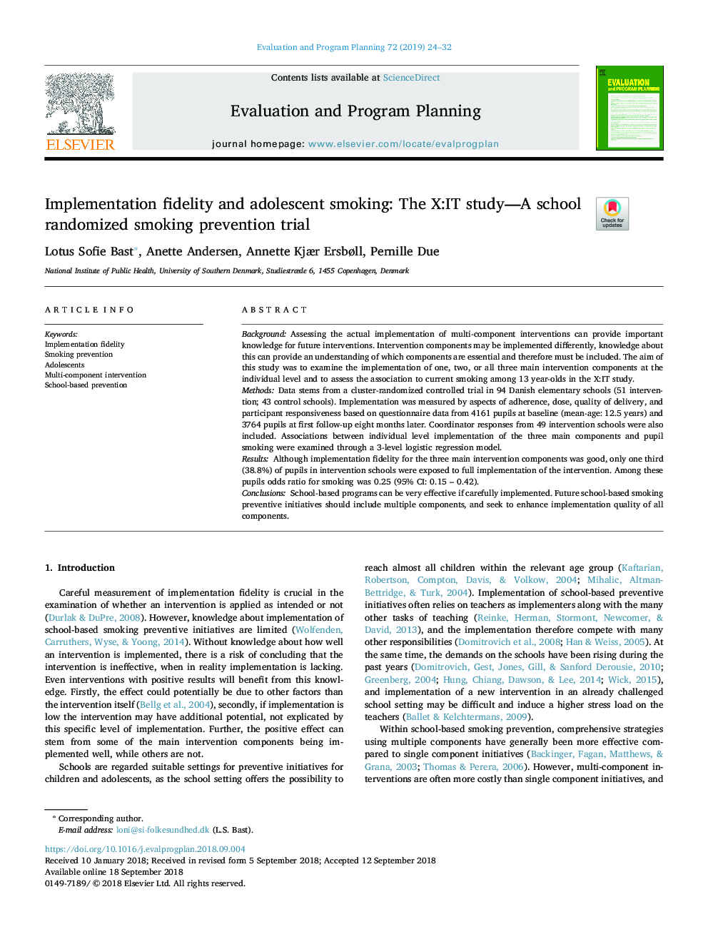 Implementation fidelity and adolescent smoking: The X:IT study-A school randomized smoking prevention trial