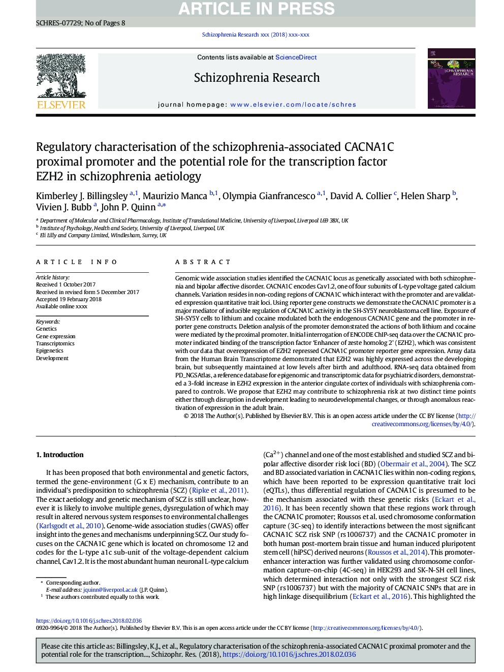 Regulatory characterisation of the schizophrenia-associated CACNA1C proximal promoter and the potential role for the transcription factor EZH2 in schizophrenia aetiology