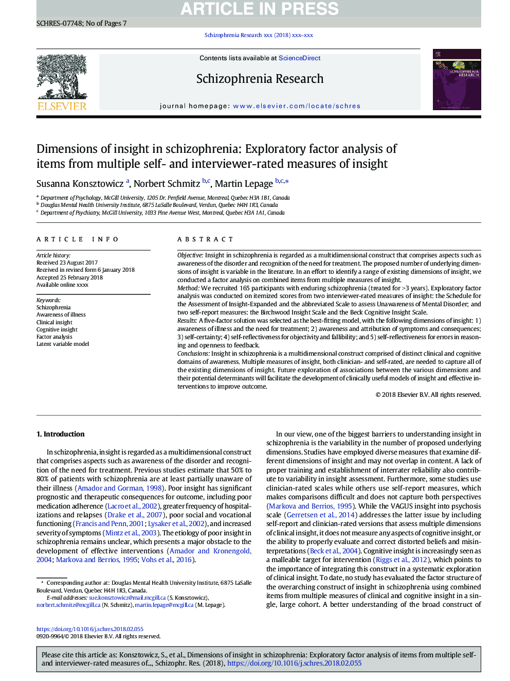 ابعاد بینش در اسکیزوفرن: تجزیه و تحلیل عامل فاکتور اکتشافی از اقلام از چندین اندازه گیری خودآگاه و مصاحبه با امتیاز بینایی