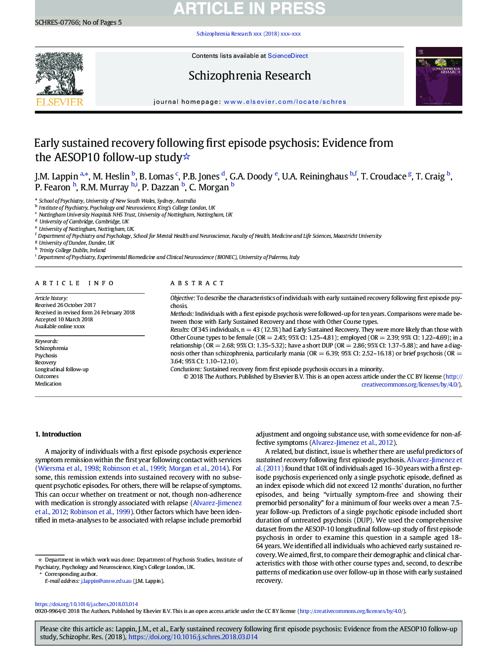 Early sustained recovery following first episode psychosis: Evidence from the AESOP10 follow-up study