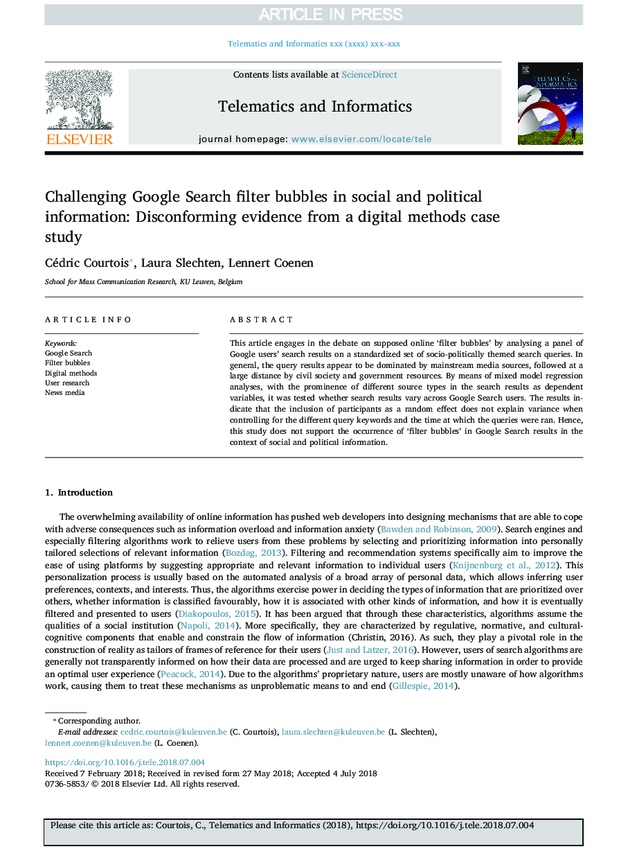 حباب های فیلتر جستجوی گوگل را در اطلاعات اجتماعی و سیاسی به مخاطره می اندازد: شواهد متضاد از مطالعه موردی دیجیتال 