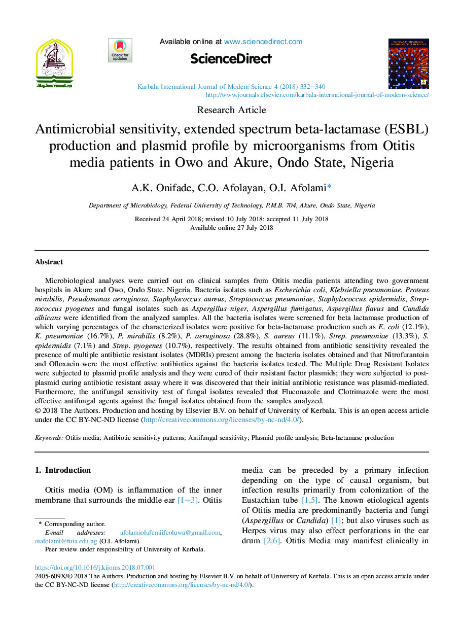 Antimicrobial sensitivity, extended spectrum beta-lactamase (ESBL) production and plasmid profile by microorganisms from Otitis media patients in Owo and Akure, Ondo State, Nigeria