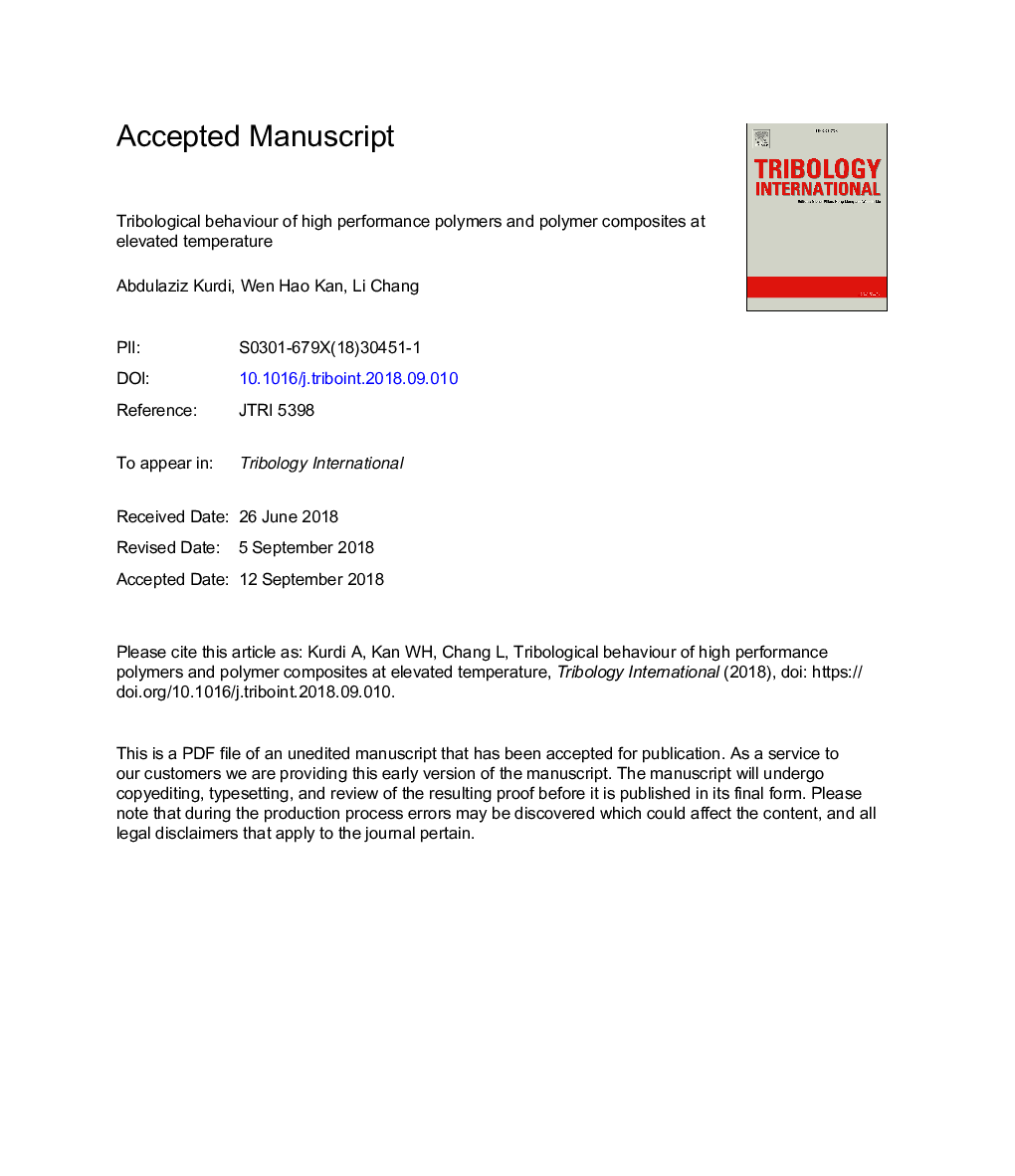 Tribological behaviour of high performance polymers and polymer composites at elevated temperature