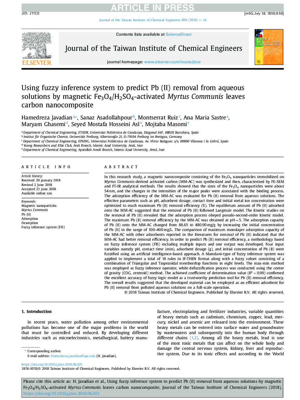 Using fuzzy inference system to predict Pb (II) removal from aqueous solutions by magnetic Fe3O4/H2SO4-activated Myrtus Communis leaves carbon nanocomposite