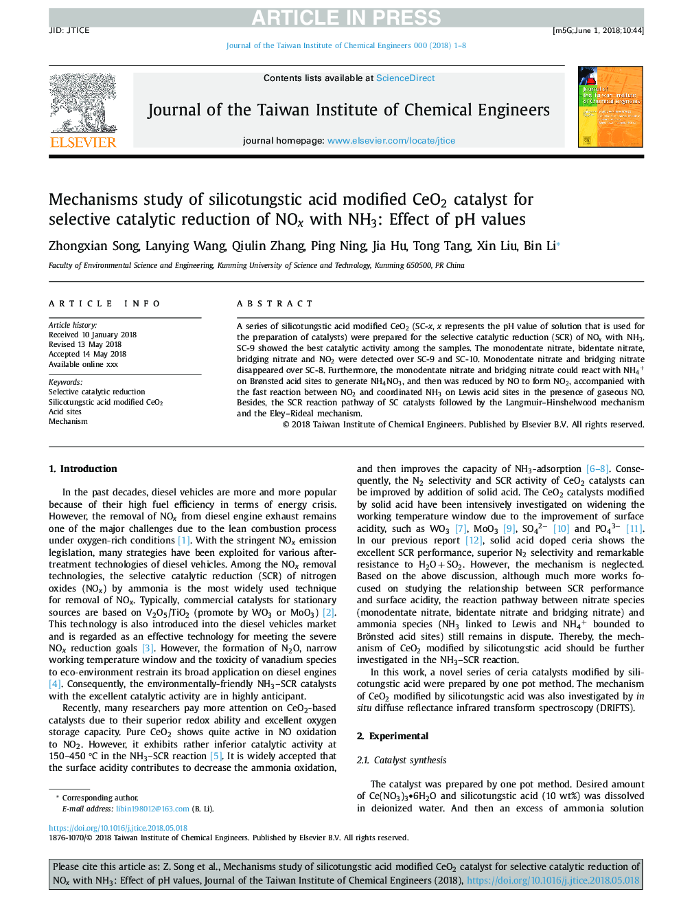 Mechanisms study of silicotungstic acid modified CeO2 catalyst for selective catalytic reduction of NOx with NH3: Effect of pH values