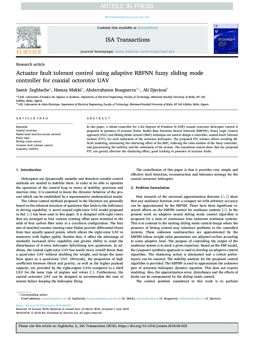 Actuator fault tolerant control using adaptive RBFNN fuzzy sliding mode controller for coaxial octorotor UAV