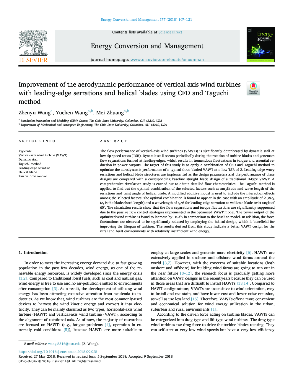 Improvement of the aerodynamic performance of vertical axis wind turbines with leading-edge serrations and helical blades using CFD and Taguchi method