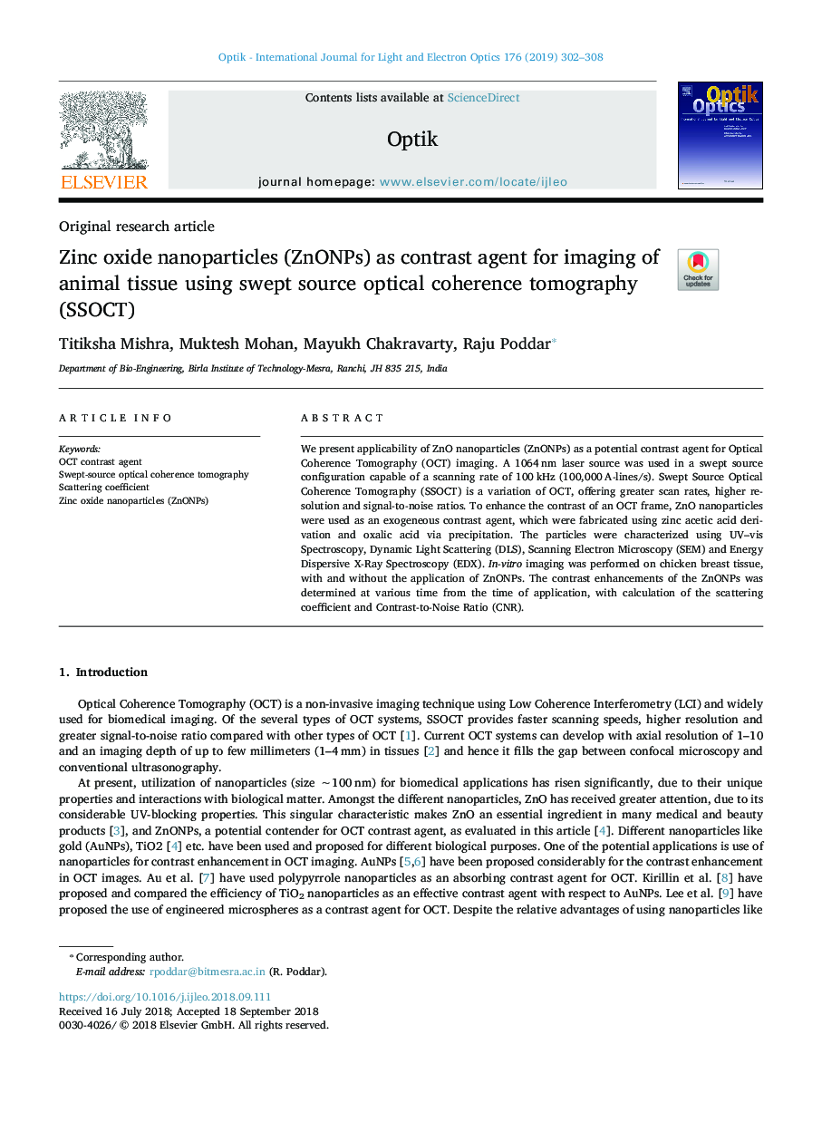 Zinc oxide nanoparticles (ZnONPs) as contrast agent for imaging of animal tissue using swept source optical coherence tomography (SSOCT)