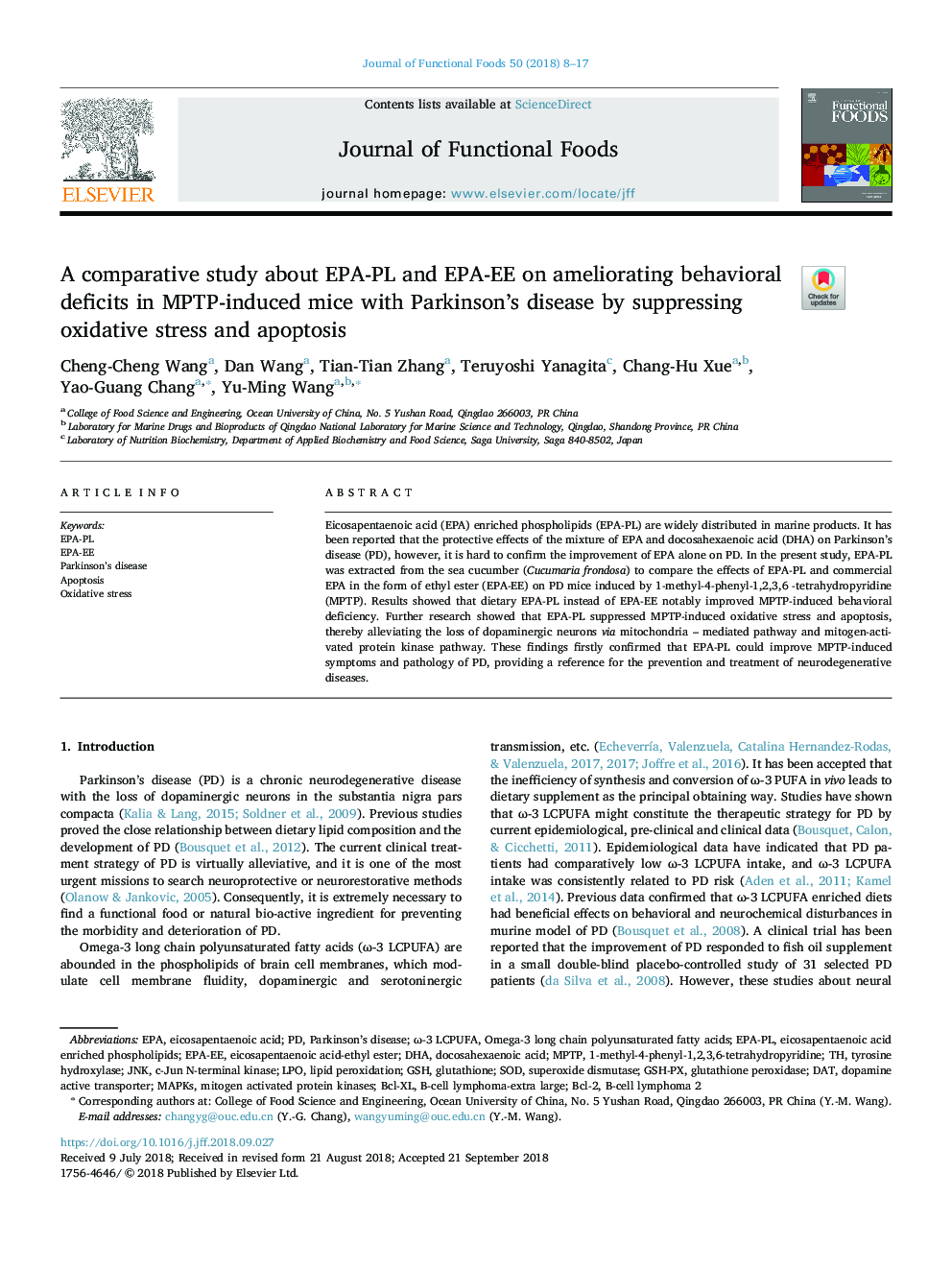 A comparative study about EPA-PL and EPA-EE on ameliorating behavioral deficits in MPTP-induced mice with Parkinson's disease by suppressing oxidative stress and apoptosis