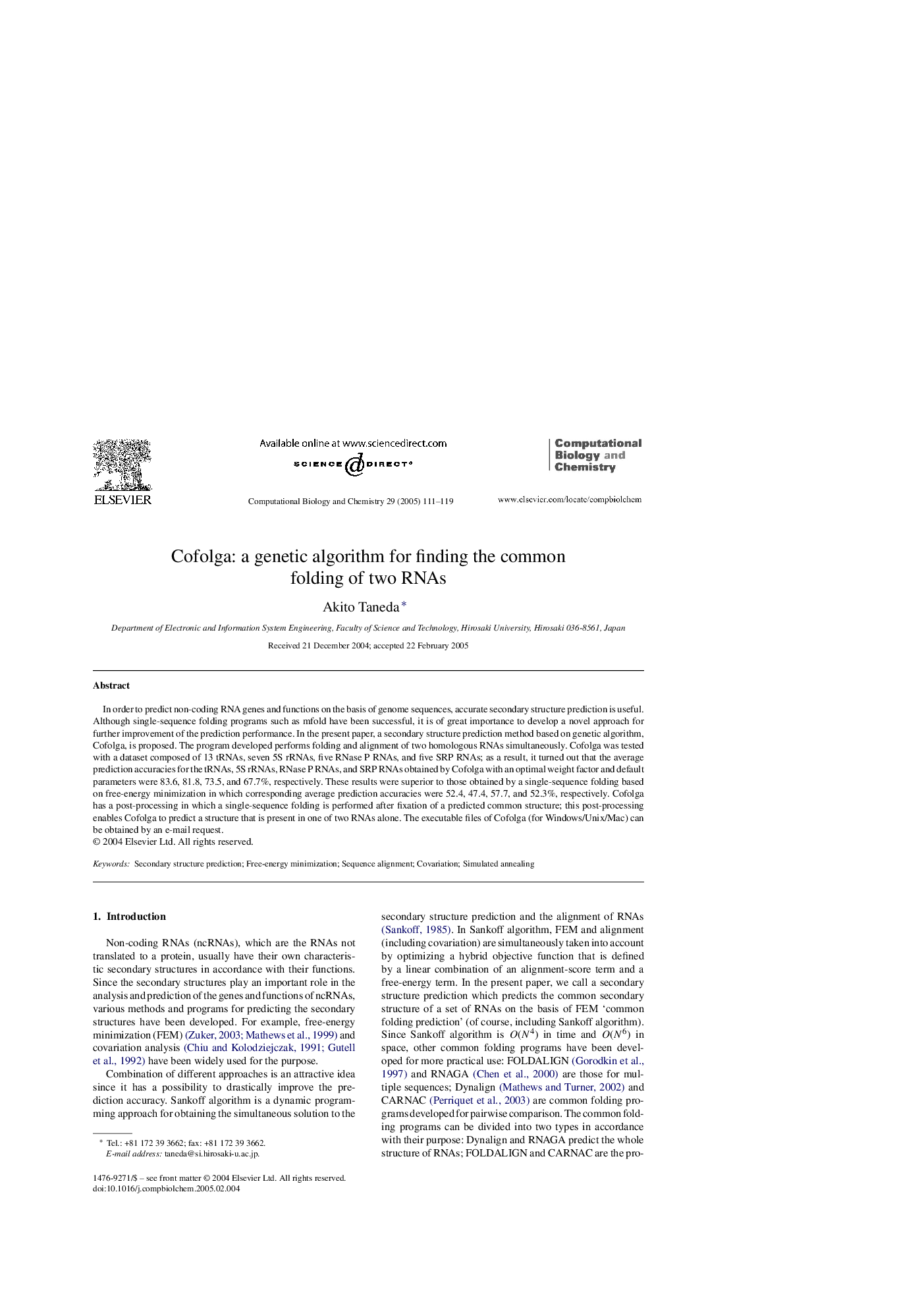 Cofolga: a genetic algorithm for finding the common folding of two RNAs