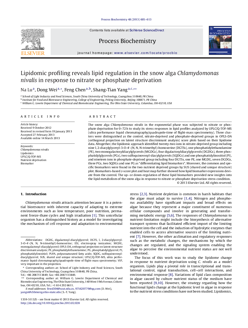 Lipidomic profiling reveals lipid regulation in the snow alga Chlamydomonas nivalis in response to nitrate or phosphate deprivation