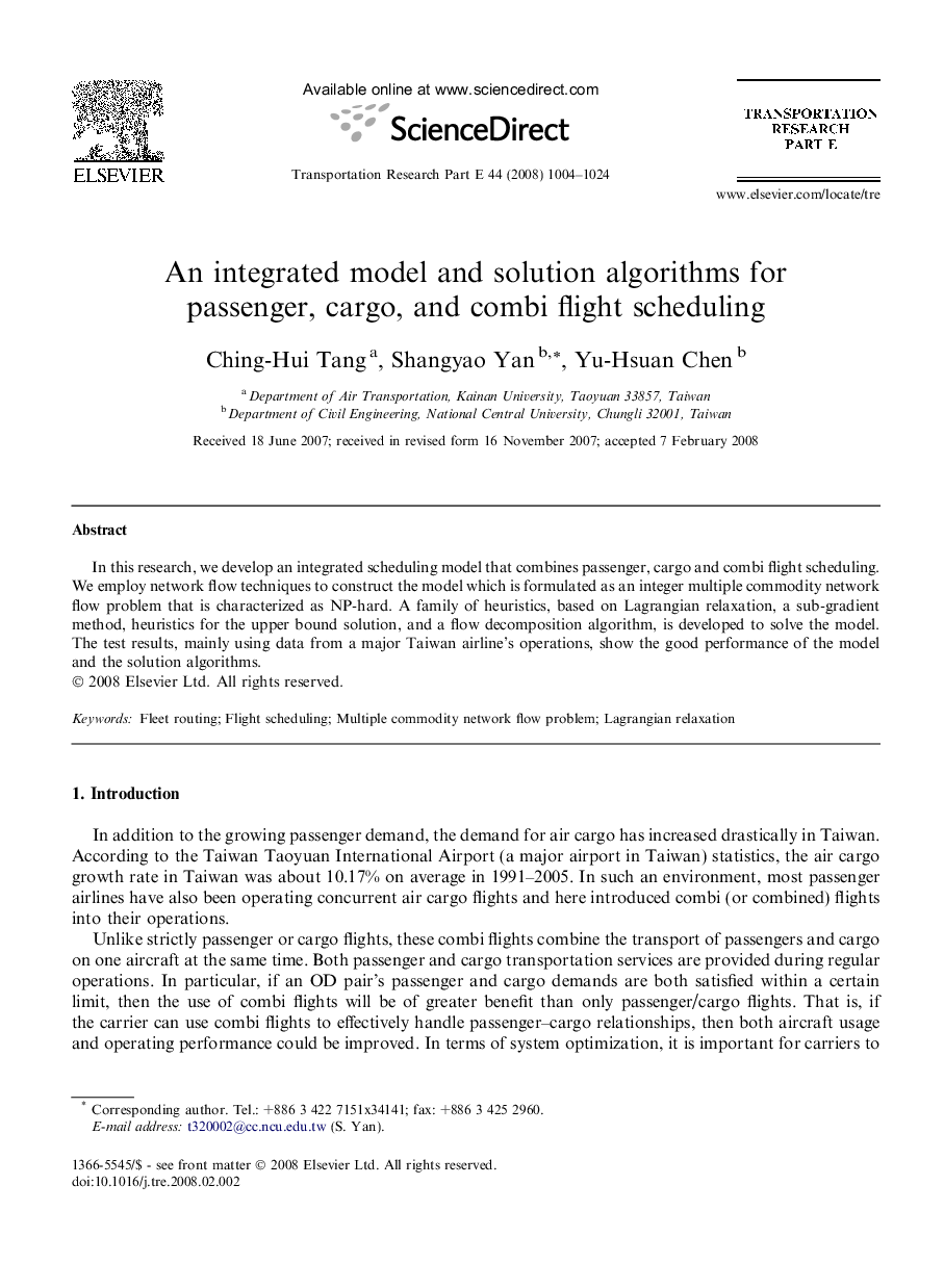 An integrated model and solution algorithms for passenger, cargo, and combi flight scheduling