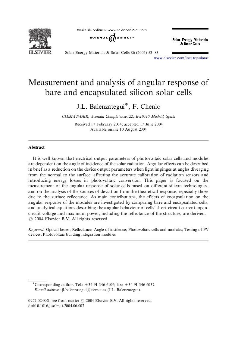 Measurement and analysis of angular response of bare and encapsulated silicon solar cells