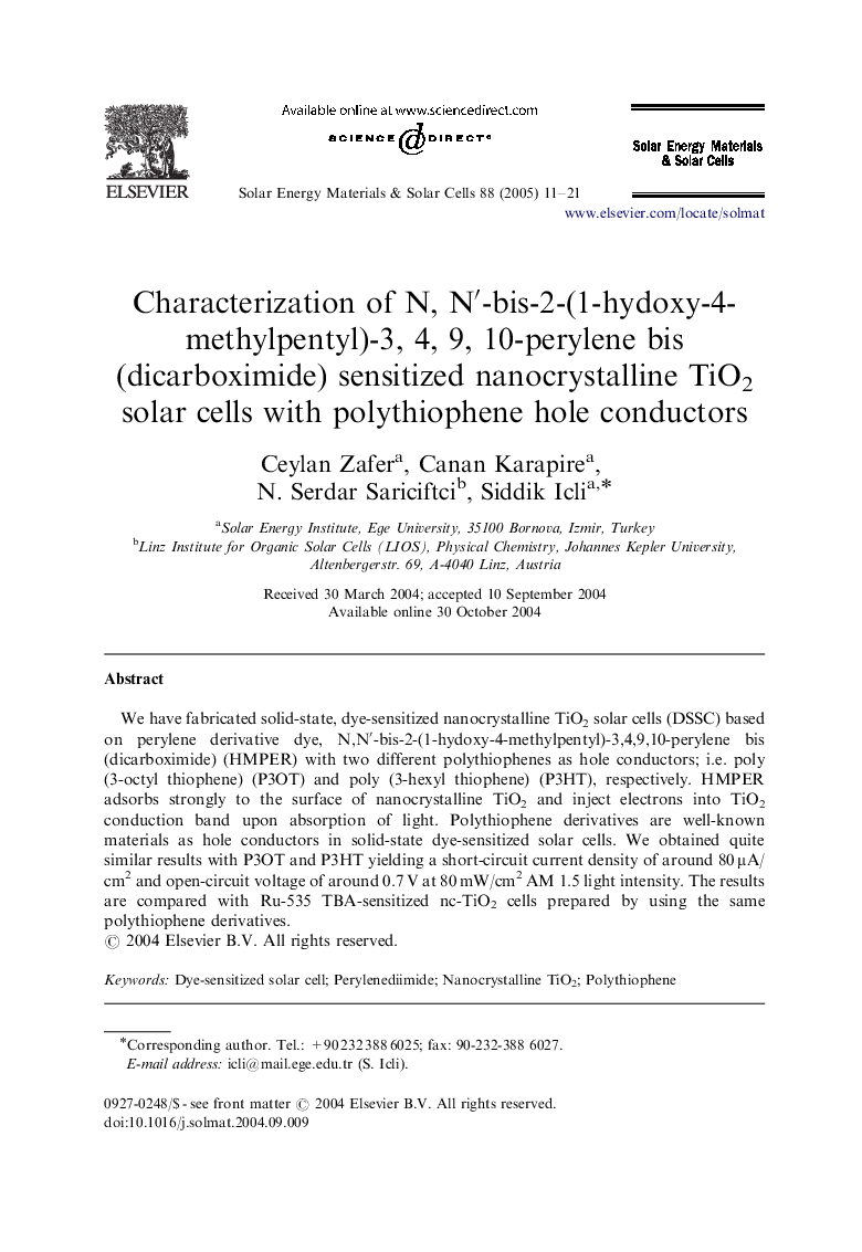 Characterization of N, Nâ²-bis-2-(1-hydoxy-4-methylpentyl)-3, 4, 9, 10-perylene bis (dicarboximide) sensitized nanocrystalline TiO2 solar cells with polythiophene hole conductors