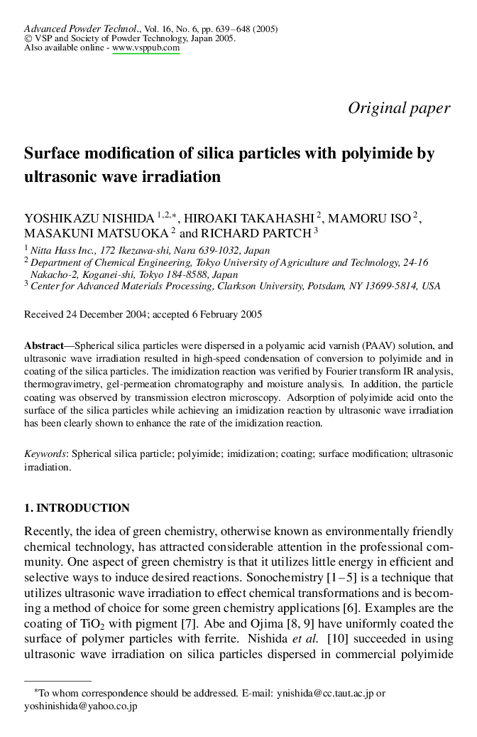 Surface modification of silica particles with polyimide by ultrasonic wave irradiation