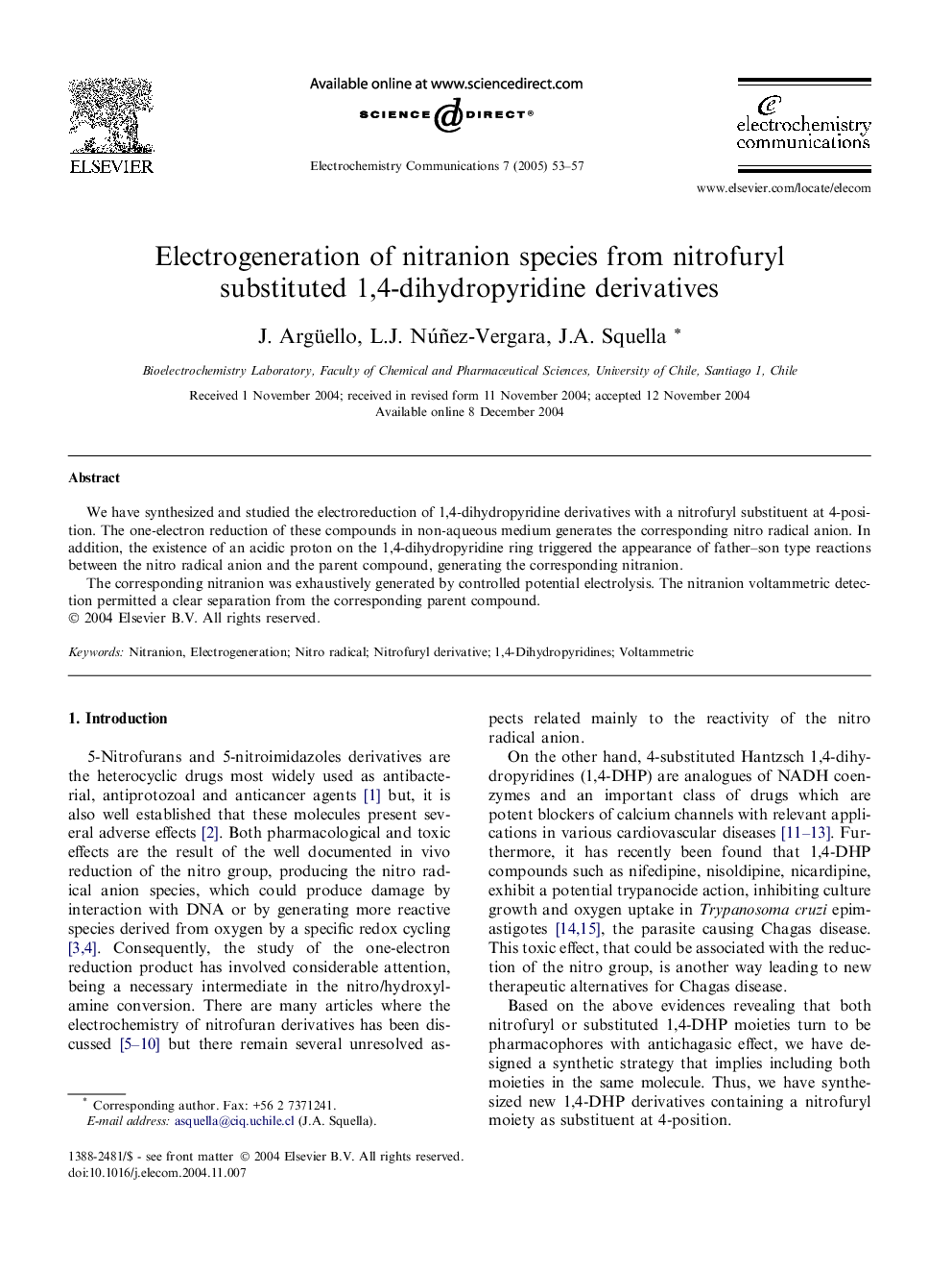 Electrogeneration of nitranion species from nitrofuryl substituted 1,4-dihydropyridine derivatives