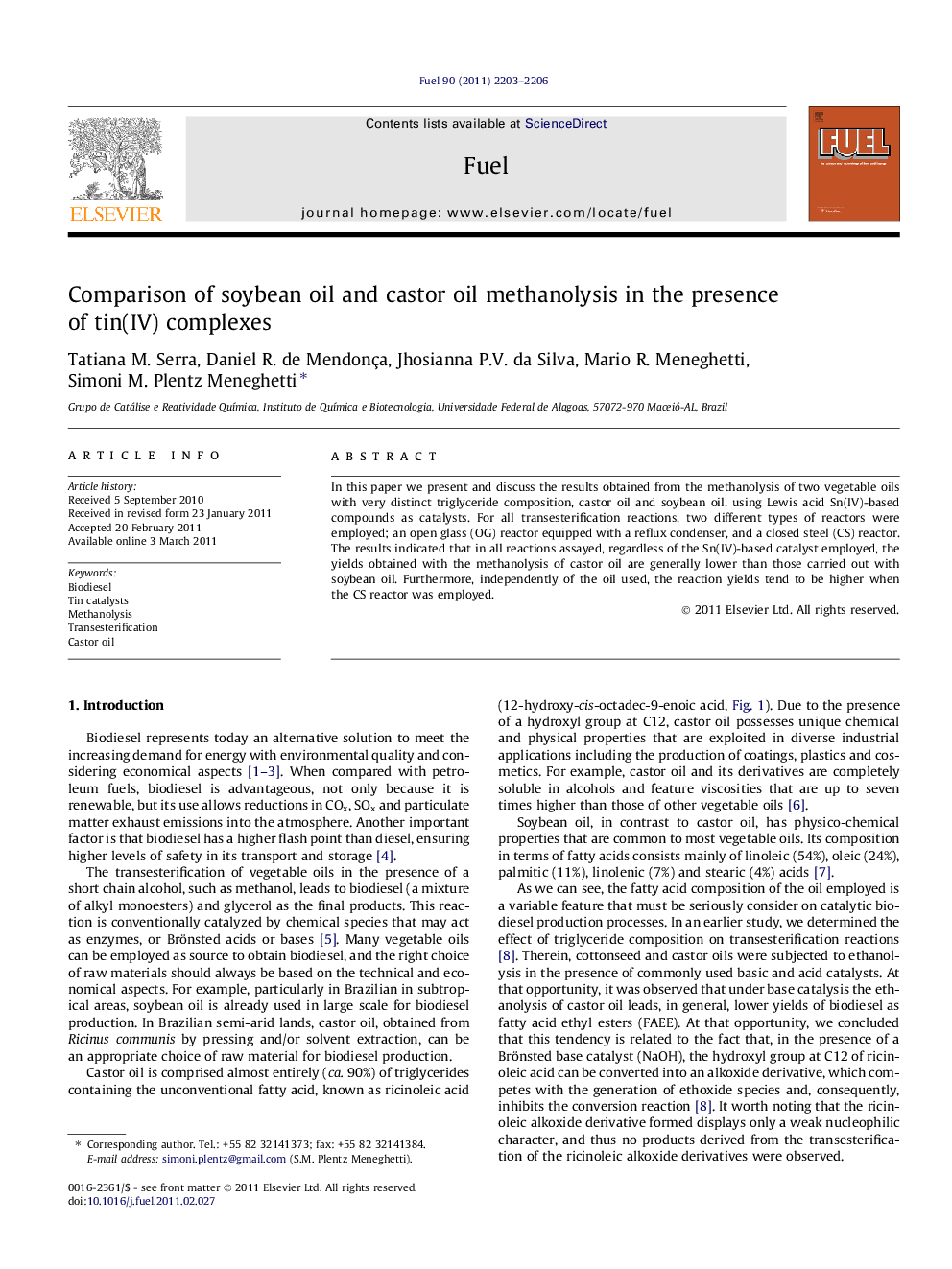 Comparison of soybean oil and castor oil methanolysis in the presence of tin(IV) complexes